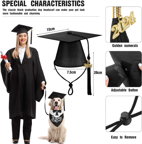3 Pcs Pet Graduation Caps with Bow Tie Collar and Bandana, Dog Graduation Hats with Tassel and 2024 Pendant Accessory
