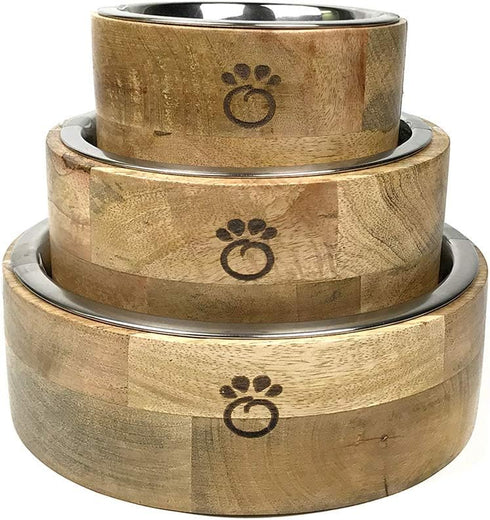 Brave Bark GF Pet Mango Wood Dog Bowl - Removable Stainless Steel Inserts, Stylish Design for Pets (SMALL)