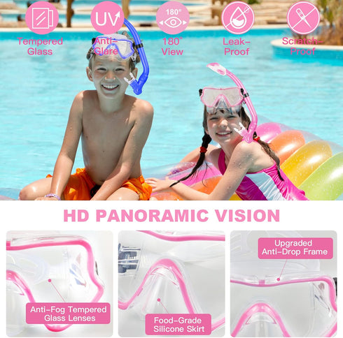 Kids Snorkeling Set, Adjustable Swimming Flippers, Panoramic Snorkel Mask, Dry Tube, Travel Bags for Ages 5-14
