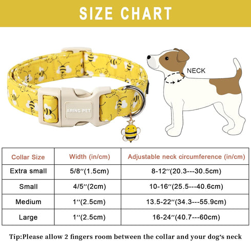 ARING PET Bees Dog Collar, Cute Adjustable Yellow Bees Print Pet Collars for Small Medium Large Dogs