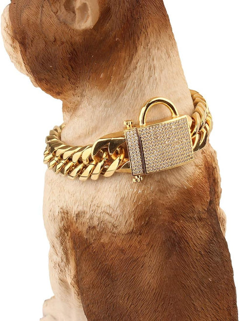 Strong Double Cuban Link Gold Dog Chain Collar with Zirconia Lock, Stainless Steel 16MM for Medium Large Dogs (24'')