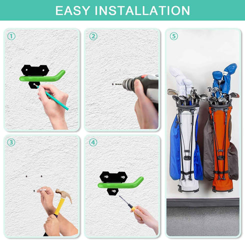 Wall Mounted Golf Bag Hook, 2 Bags Storage Racks for Garage Organization, Space Saving Hanging Organizer