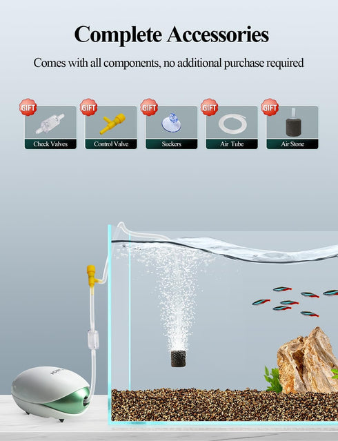 boxtech Aquarium Air Pump, Oxygen Fish Air Pump with Adjustable Air Valve, Fish Tank Air Pump with Accessories Tube, Bubble Stone and Check Valve, Fish Tank Aerator Kit