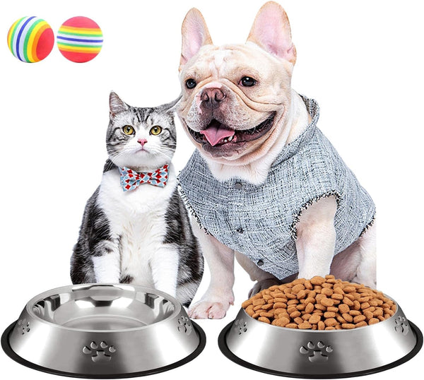 CAQ Dog Cat Bowls Stainless Steel, Small Food Water Bowl Set for Indoor Pets, Non-Slip Removable Rubber Base, Set of 2