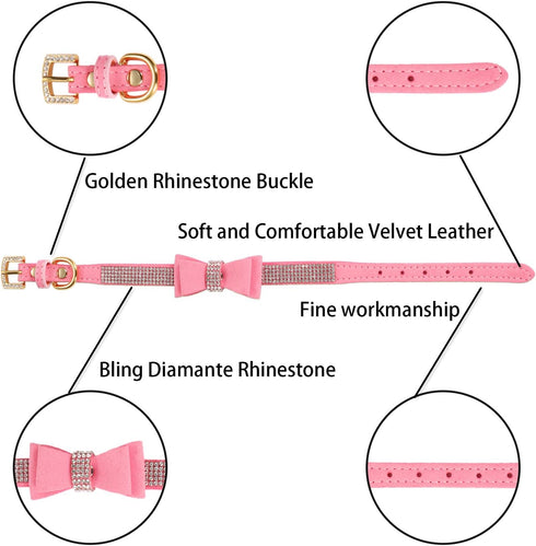 LOVPE Pink Velvet Leather Dog Collar/Cat Collar - Rhinestone Bow-Knot Tie for Small Dogs & Cats, Size S