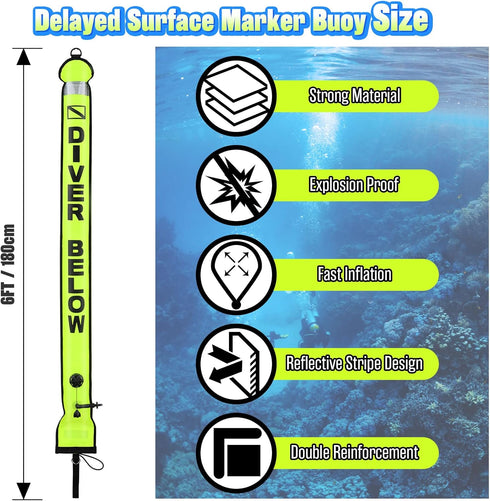 Seafard High Visibility Diving Surface Marker Buoy (SMB), Inflatable Scuba Signal Tube with Reflective Band, Safety