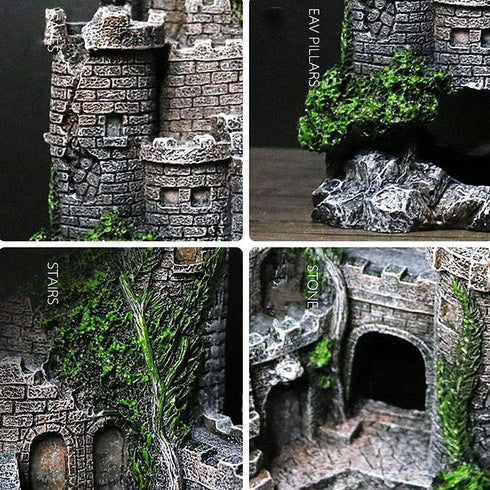 Ancient Castle Design Resin Aquarium Decoration, Stone Cave Hide House for Betta, Shrimp, Turtle