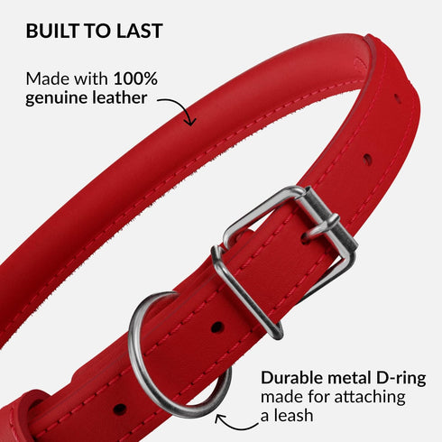 CollarDirect Rolled Leather Dog Collar, Soft Padded Round Puppy Collar, Handmade Genuine Leather, 13 Colors (15-19