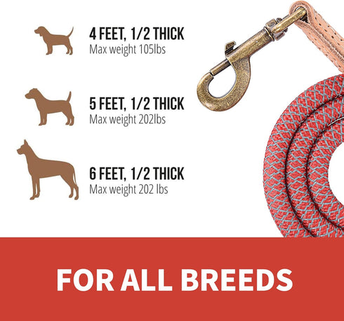 Mile High Life Chew Proof Dog Leash - Red Reflective Rope Leash with Leather Tip, 60 Inch for Strong Dogs