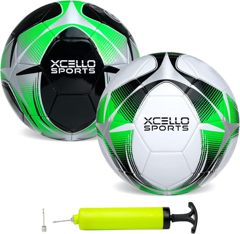 Soccer Ball (Black/Green/Silver, White/Green/Silver) with Pump, Size 3, Pack of 2