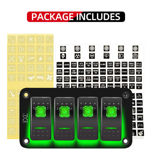 FXC Rocker Switch Aluminum Panel - 4 Gang Toggle Switches Dash 5 Pin ON/Off 2 LED Backlit for Boat Car Marine Green