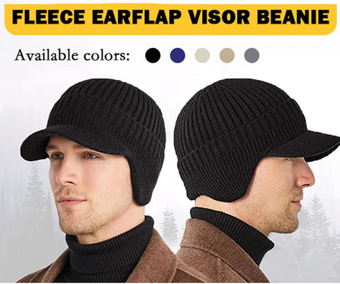 Winter Hats for Men - Fuzzy Fleece Lined Beanie with Ear Flaps and Visor Brim for Outdoor Warmth