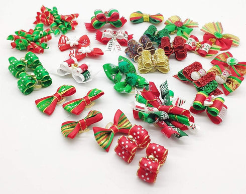 30pcs Dog Puppy Cat Mix Christmas Shiny Rhinestone Hair Bows Rubber Bands Pet Xmas Grooming Accessories