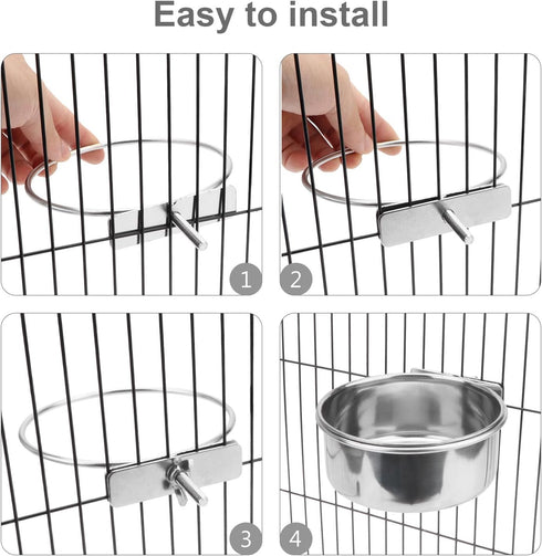 Wontee Stainless Steel Pet Food Water Bowl with Clamp Holder, 2 Packs Feeder for Dog, Bird, Parrot, Cat, Rabbit (L)