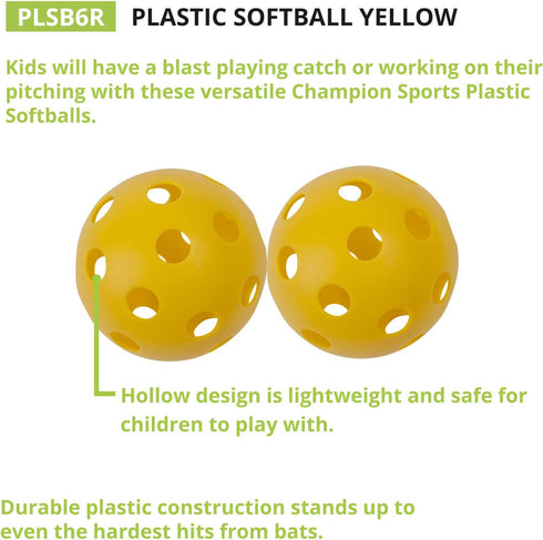 12" Set Champion Sports Hollow Plastic Softball - Practice Softballs - Regulation Size Balls - Fun for All Ages