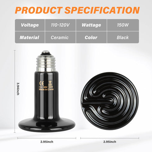 150W Bulb 2 Pack Simple Deluxe Ceramic Heat Emitter Reptile Heat Lamp No Light Emitting Brooder Coop Heater