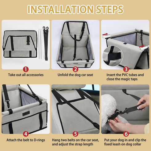 PetsHome Dog Car Seat, Foldable Booster Seat, Waterproof Travel Bag for Small to Medium Dogs, Pure Grey