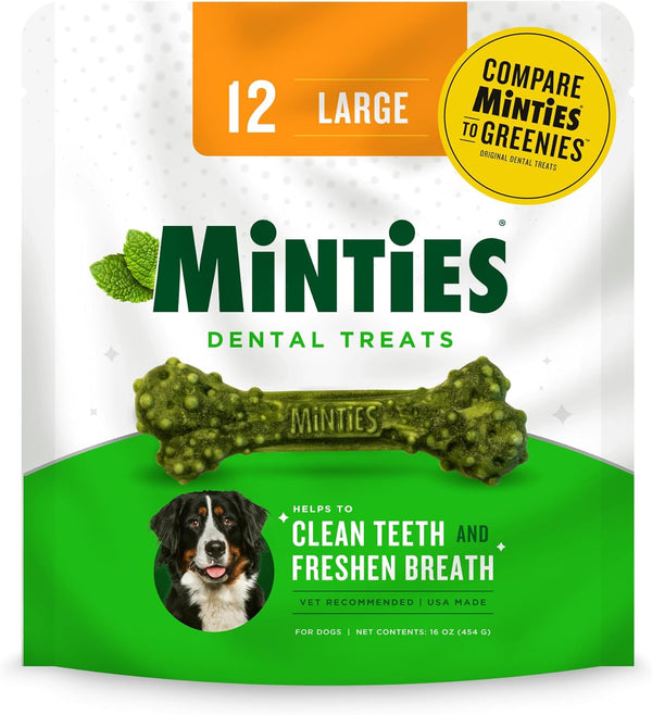 Minties Dental Chews for Dogs, 12 Count, Vet-Recommended Mint-Flavored Treats for Large Dogs Over 50 lbs