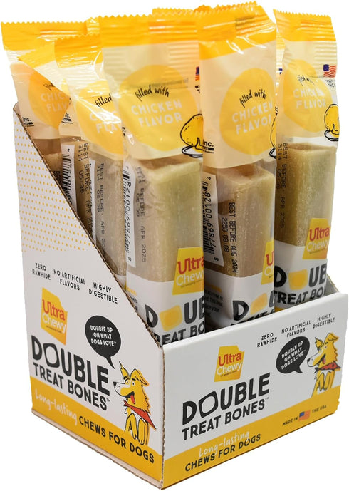 Ultra Chewy Chicken Double Treat Bones - Long-Lasting Dog Treats, 12 Count, Made in USA