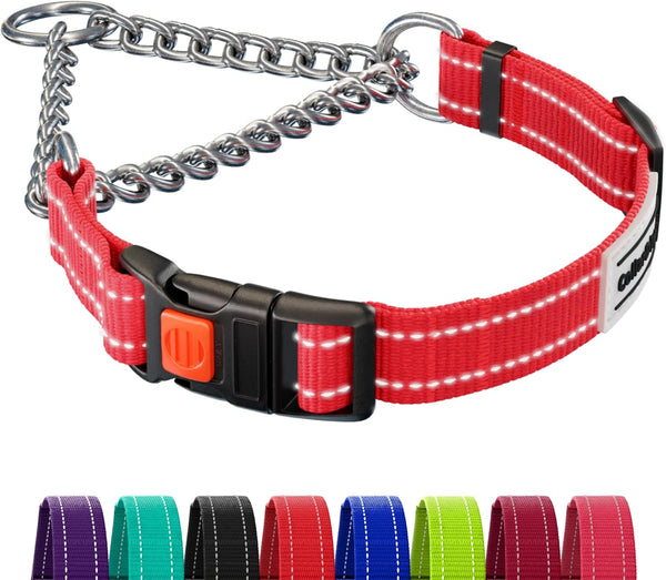 CollarDirect Martingale Dog Collar: Stainless Steel Chain, Quick Release Buckle, Reflective Red Collar, Large
