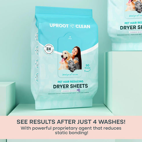 Uproot Clean Dryer Sheets - Pet Hair Reducing Laundry Remover, Prevents Dog and Cat Hair from Sticking, 50ct