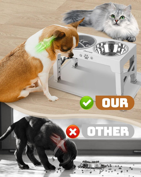 Elevated Dog Bowls, Feeder with 2 Stainless Steel Bowls & 1 Slow Feeder, Adjustable Height Stand