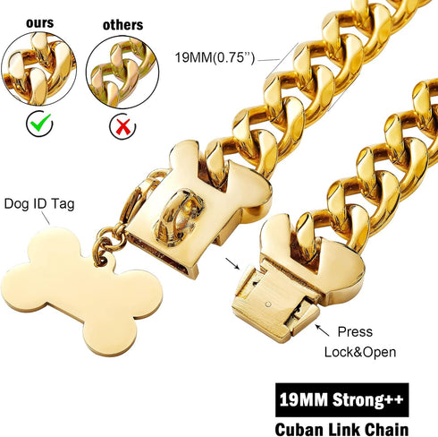 Strong Stainless Steel Gold Chain Dog Collar, Cuban Link Necklace for Large Dogs (Long 22'')