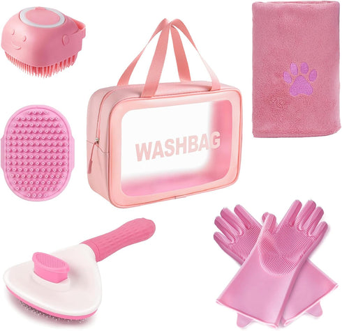 6PCS Pink Dog Washing Kit with Dog Brush, Shampoo Brush, Bath Scrubber,Washing