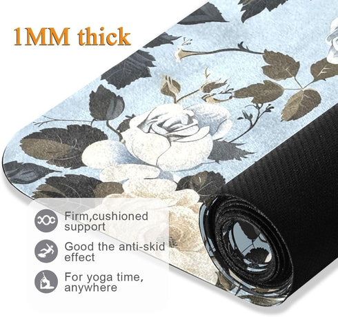 HXshaoye 71x26 inches 1 MM Elegant Vintage Flower Rose White Baby Blue thin yoga mat non slip for outdoor printed
