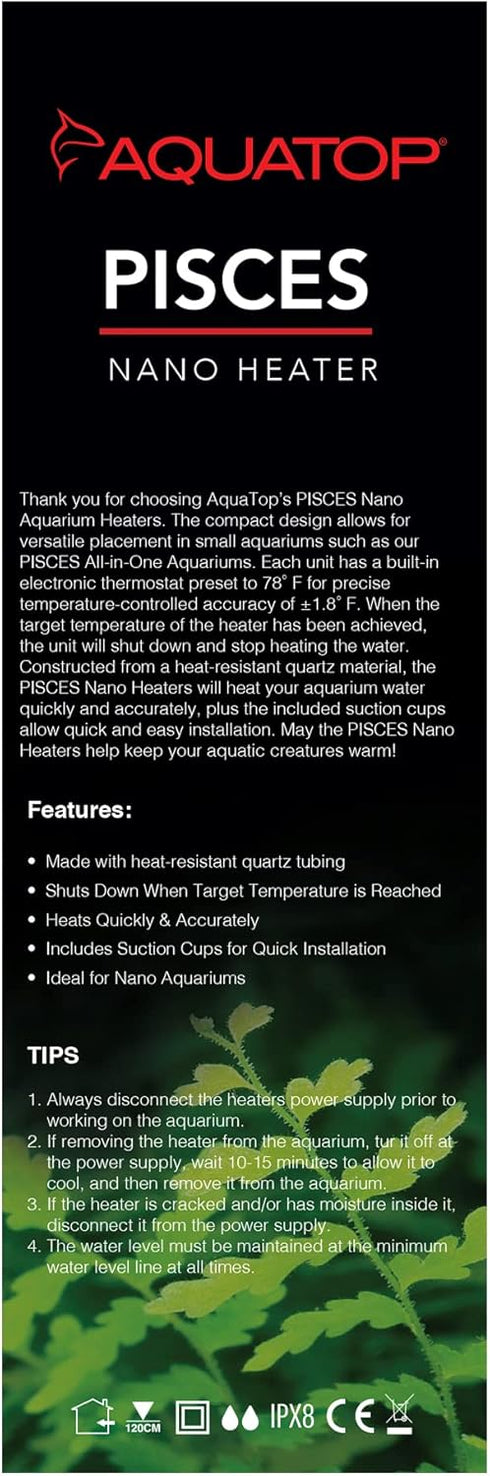Aquatop 10W Pisces Nano Heater, Fully Submersible for Nano Fish Tanks Up to 3 Gallons