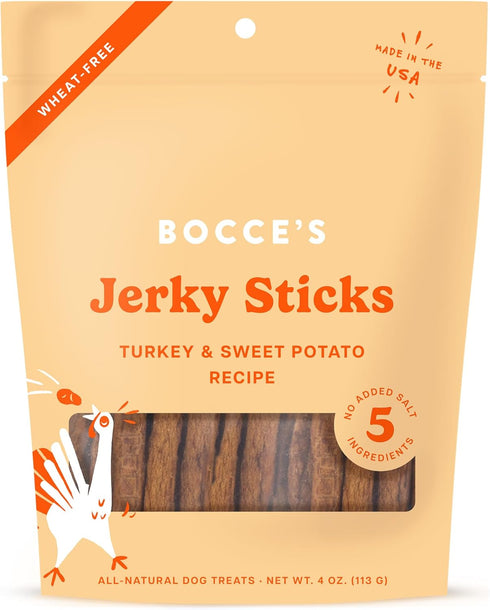 Bocce's Bakery Jerky Stick Dog Treats, Wheat-Free, Limited-Ingredients, High-Protein, Turkey & Sweet Potato, 4 oz,