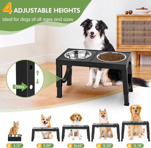 Elevated Dog Bowls for Medium Large Breed Dogs, 4 Height Adjustable Dog Raised Bowls Stand 9"/11"/12"/14", 2 Thick Stainless Steel Dog Food Water Bowls, No Slip Dog Feeder Portable for Outside Travel