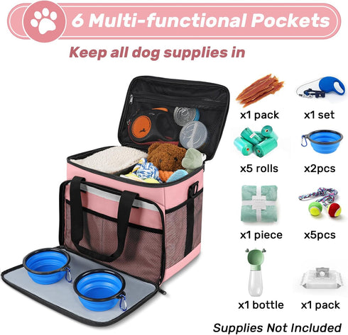 6 Set Dog Travel Bag, Large Pet Travel Kit with 2 Food Containers, 1 Organizer, 2 Collapsible Bowls, Pink Dog Mom Gifts