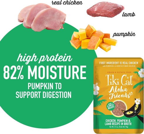 Tiki Cat Aloha Friends, Chicken, Pumpkin & Lamb, Grain-Free Wet Cat Food for All Life Stages, 2.5 oz. Pouch (Pack of 12)