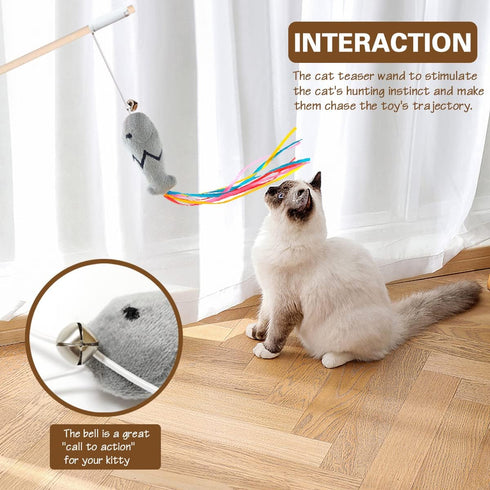 Fashion&cool Cat Wand Toy - 3pcs 16 Inch Natural Wooden Teaser with 5 Pcs Silvervine Sticks for Indoor Cats