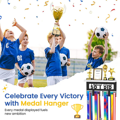 25 Medal Holder Display Trophy Shelf Organizer, Sturdy Wooden Race Award Hanger Rack with Steel Hooks, Wall Mount