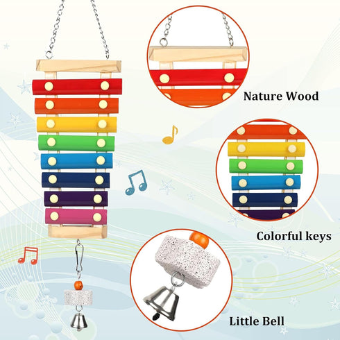 HZAKXIN Large Parrot Suspensible Xylophone Toy, Multicolored Natural Wooden Bird Chewing Toys with Grinding Stone