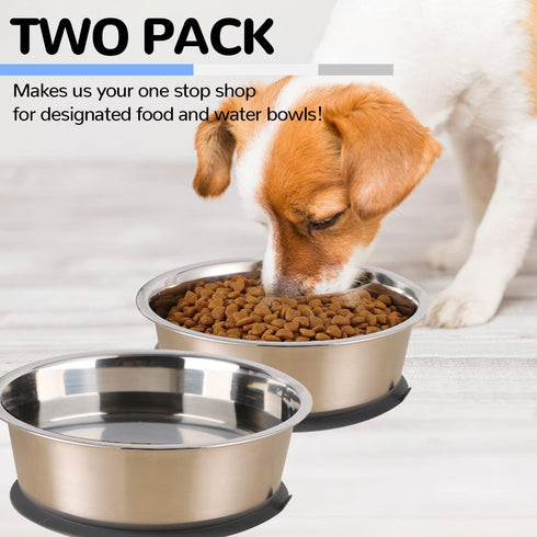 Stainless Steel Dog Bowl Set of 2, Metal Bowls with Suction Base, Rubber Bottom & Easy Clean (Gray, 2 Pack)
