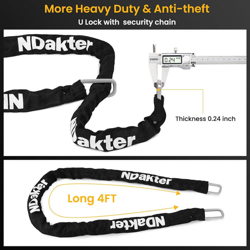 NDakter Heavy Duty Motorcycle U Lock with 4FT Chain, 15mm Shackle, Anti Theft Electric Bicycle Lock, 3 Keys
