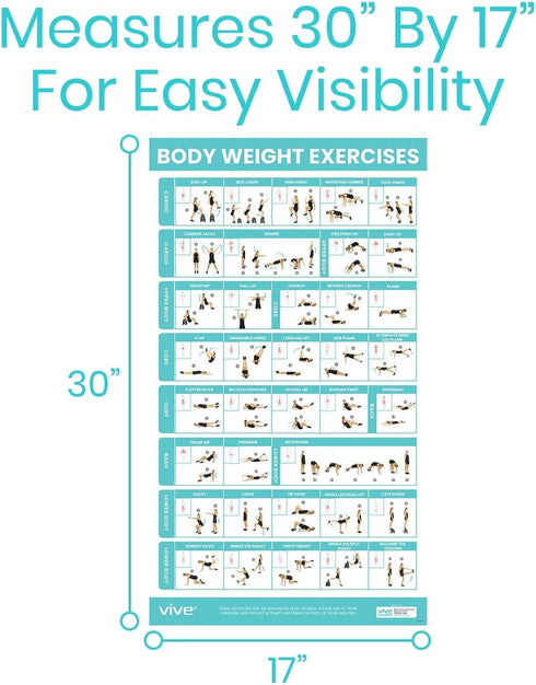 Vive Bodyweight Exercise Poster, Laminated Workout Poster for Home Gym Decor, No Equipment Needed