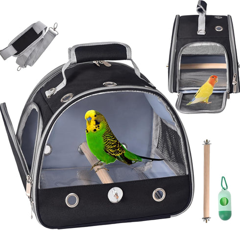 Bird Carrier Travel Cage - Small Bird Travel Cage for Parrot with Stand and Shoulder Strap (Black)