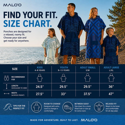 Maloo Nalu Changing Poncho Hooded Surf & Swim Towel Poncho for Adults & Kids, Quick-Dry, Ultra-Soft, Made from Recycled