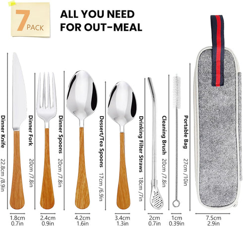 6Pcs Set,Wooden Set Daily Treasures Stainless Steel Portable Cutlery Handle Camping Utensils with Storage Bag,Reusable