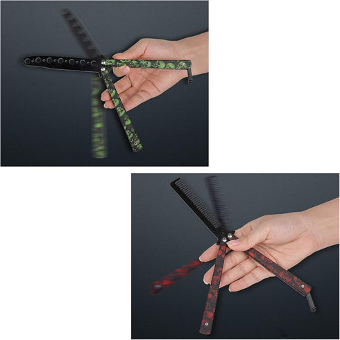 Practice Butterfly Knife Trainer, 2 Pack Steel Folding Comb, Unsharpened Blade for Beginners Training (Red & Green)