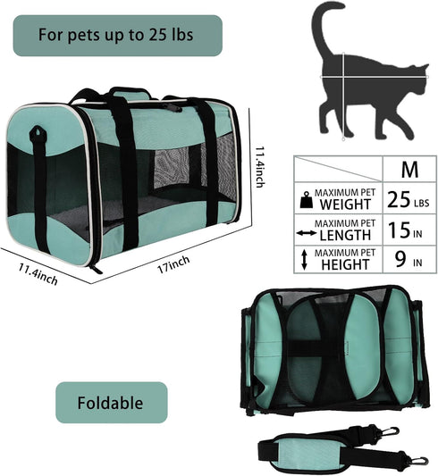 Soft-Sided Cat Carrying Case, Airline Approved Pet Travel Carrier for Medium Cats and Small Dogs (17x11x11 Green)