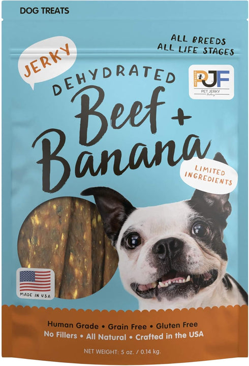 Pet Jerky Factory Premium Beef and Banana Dog Jerky Treats 5 oz. | 100% Human Grade | USA Made | High Protein | Grain