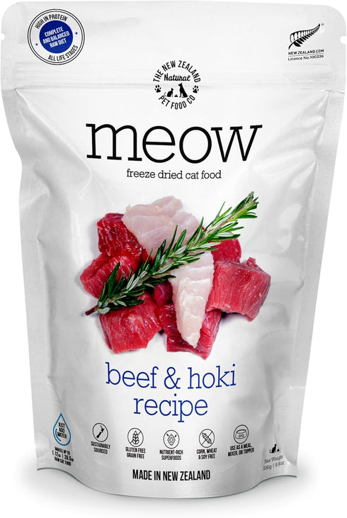 Freeze Dried Cat Food by Meow, Beef & Hoki Recipe, High Protein Treats, Meals & Toppers, 9.9 oz
