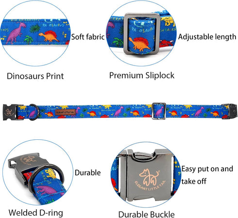 Elegant little tail Dog Collar, Blue Dinosaurs Pattern Pet Collar Durable Cute Dog Collars Male or Female Pet Gift Adjustable Dog Collar for Medium Dogs