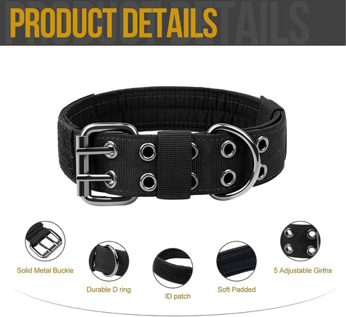 OneTigris Military Adjustable Dog Collar with Metal D Ring & Buckle, 2 Sizes (Black, L)
