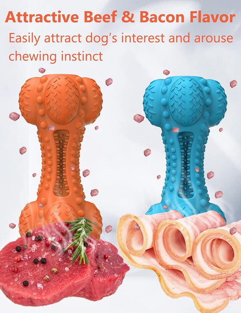 SCHITEC Two Squeaky Dog Chew Toys - Tough Indestructible Rubber Bone with Toothbrush for Large Medium Dogs